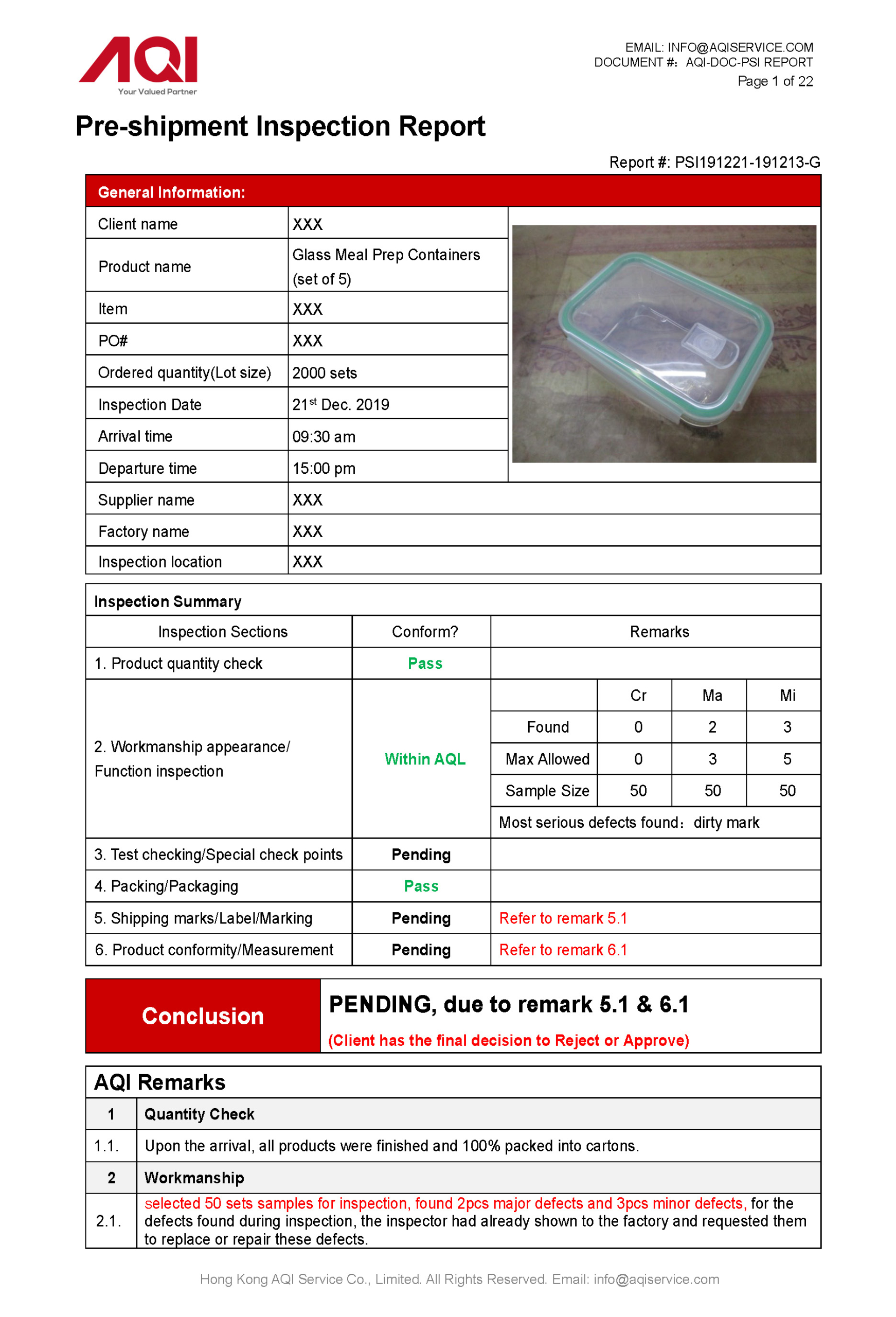 Amazon FBA Inspection Checklist and Inspection Sample Report Glass_Food_Containers to Amazon FBA Warehouse