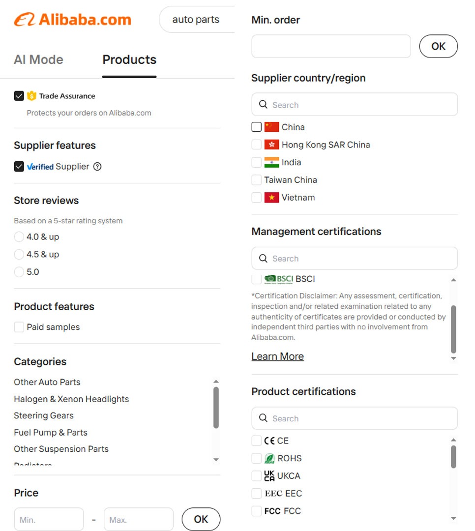 Platform Performance Filters on Alibaba Auto Parts Sourcing Page